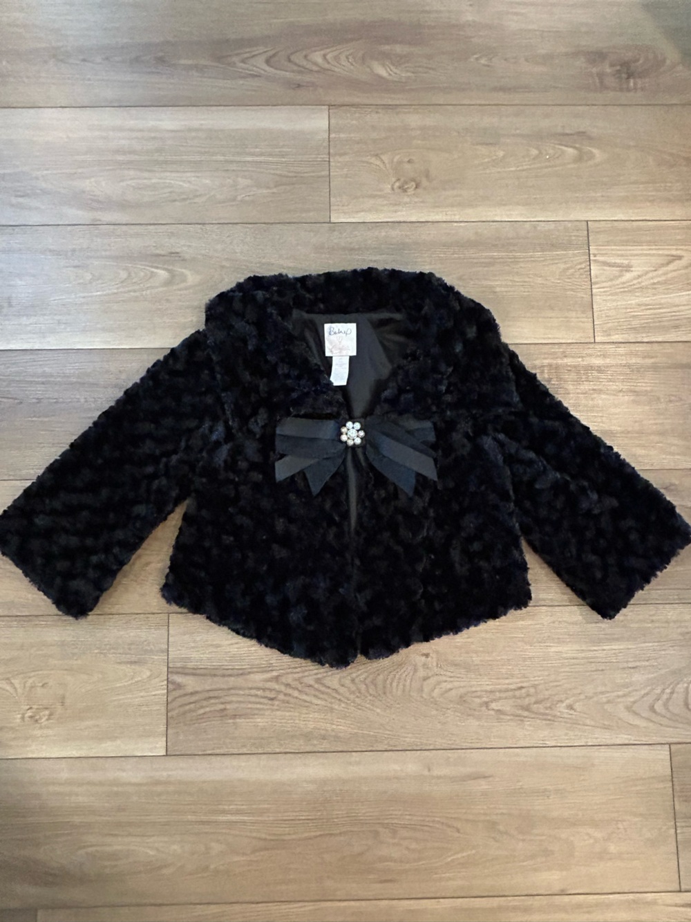 Britney Spears Candie’s Black Faux Fur Jacket Coat Rhinestone Bow Y2K Size M